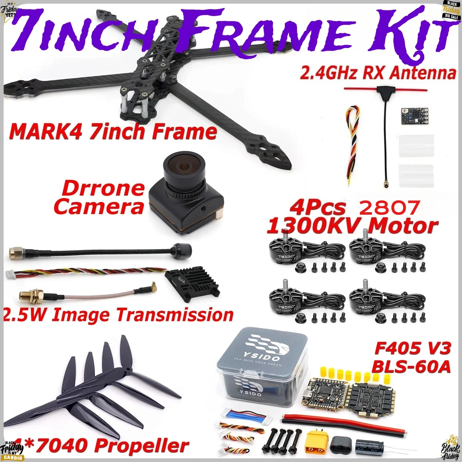 RC FPV Drohne 295mm 7-Zoll-Rahmenkit 2807 1300KV Motor FC F405 V3 4in1 60A ESC Stack B19 Kamera 2,5W VTX 2,4G ExpressLRS Empfänger