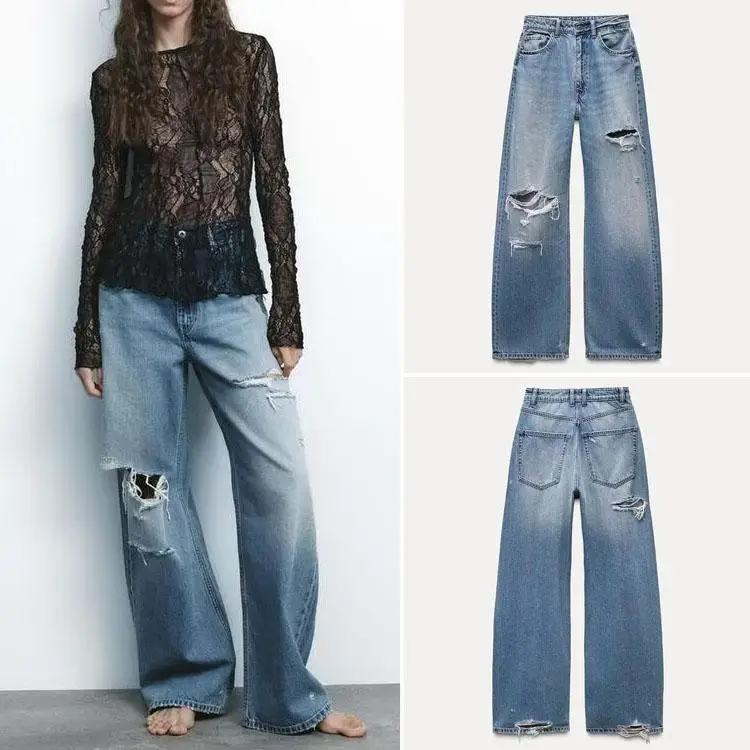 Lente nieuwe collectie dames losse mid-taille denim jeans decoratief gat casual sle lange broek comfortabele pasvorm damesjeans
