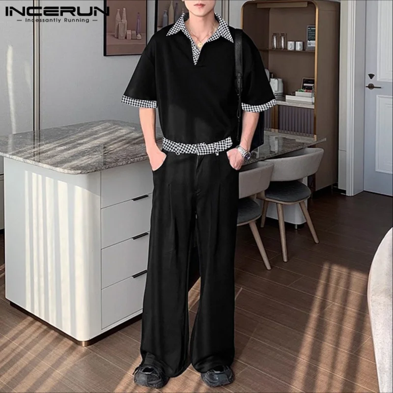 

INCERUN Men Sets Patchwork Lapel Short Sleeve T Shirt & Pants Two Pieces Sets Streetwear Loose 2025 Fashion Men's Casual Suits