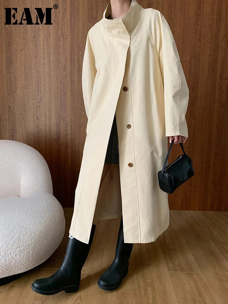 

[EAM] Women Beige Blue Big Size Long Elegant Trench New Stand CollarLong Sleeve Windbreaker Fashion Spring Autumn 2024 1DH6596