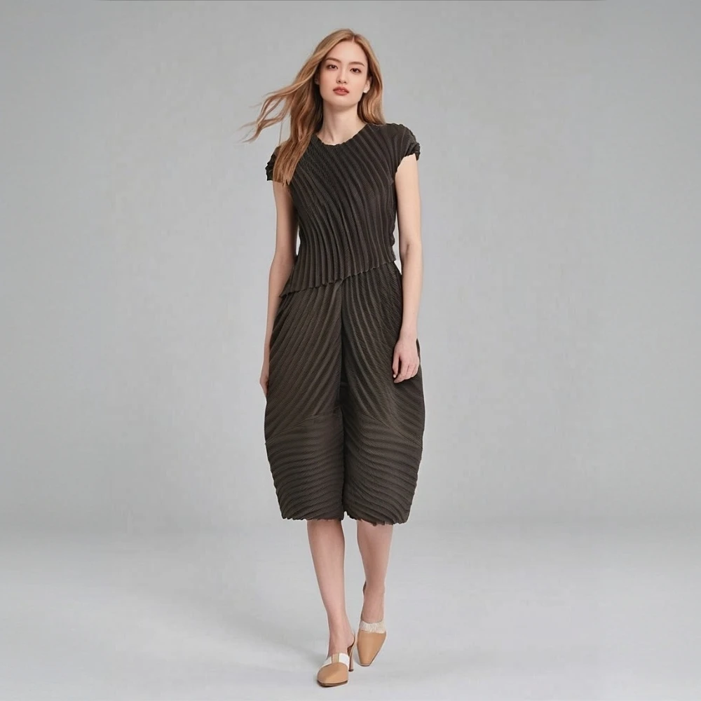 

Miyake Pleats 2025 Spring and Summer New Fashion Suit Irregular Short-sleeved Pleats T-shirt Casual Pants Two-piece Set Women