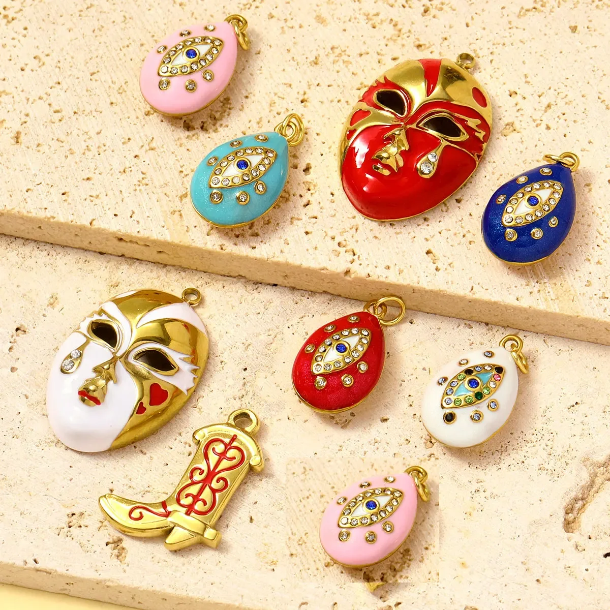 Pendentif goutte d'eau en acier inoxydable et émail, 3 pièces/lot, mauvais œil, masque vénitien, bottes, breloques, fabrication de colliers, bijoux pour femmes