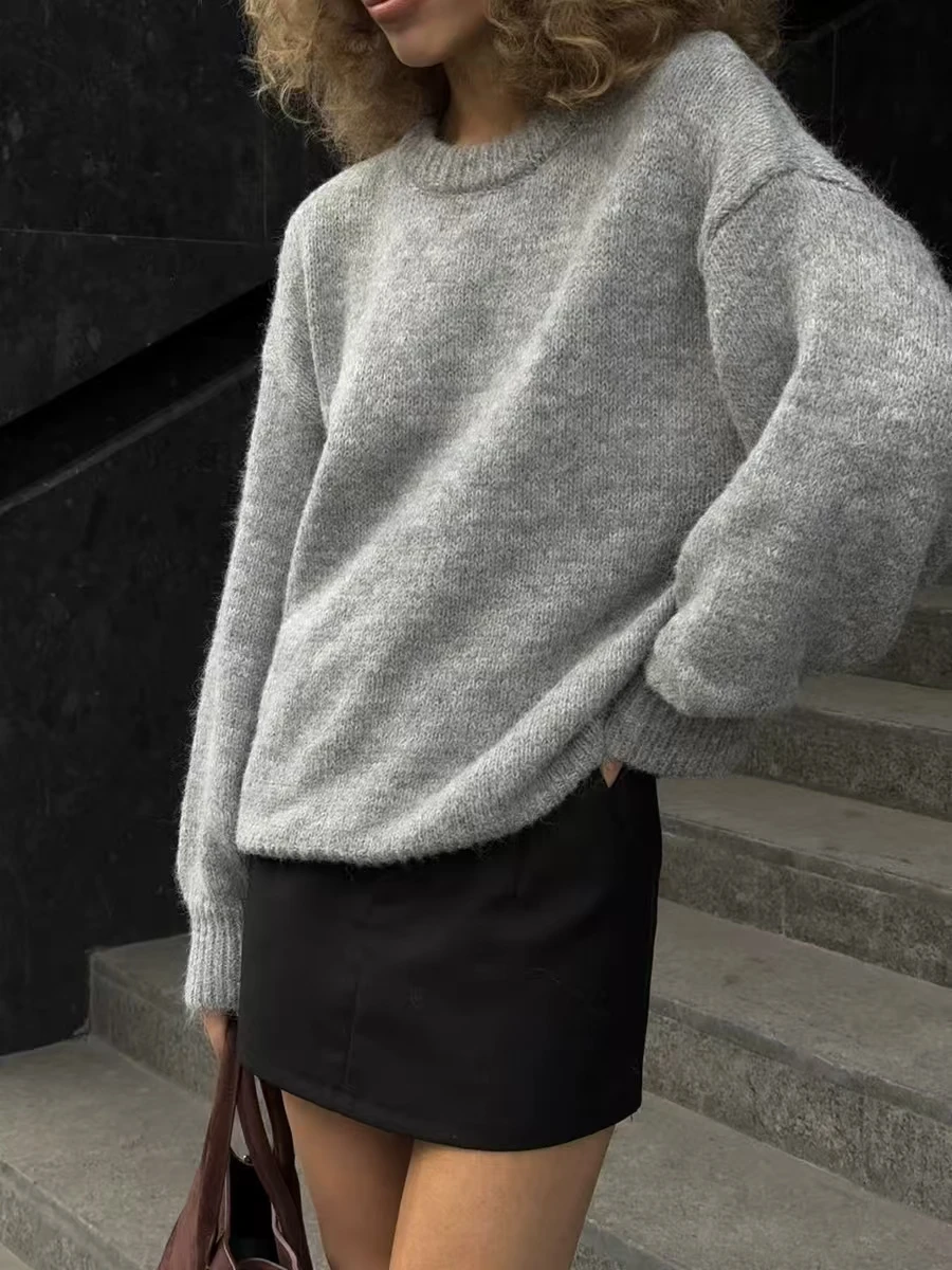 

Свободный вязаный свитер с длинными рукавами и круглым вырезом, удобный, дышащий, осенне-зимний, женский, модный, повседневный трикотаж