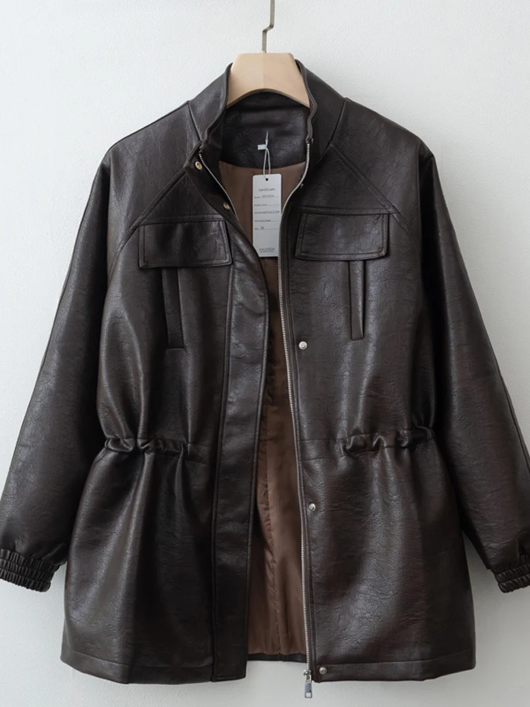 Herbst Winter Pu Leder Jacke Für Frauen Solide Volle Hülse Elastische Verstellbare Taille Mantel 2025, Neue Dame Mode Lässig Outwears