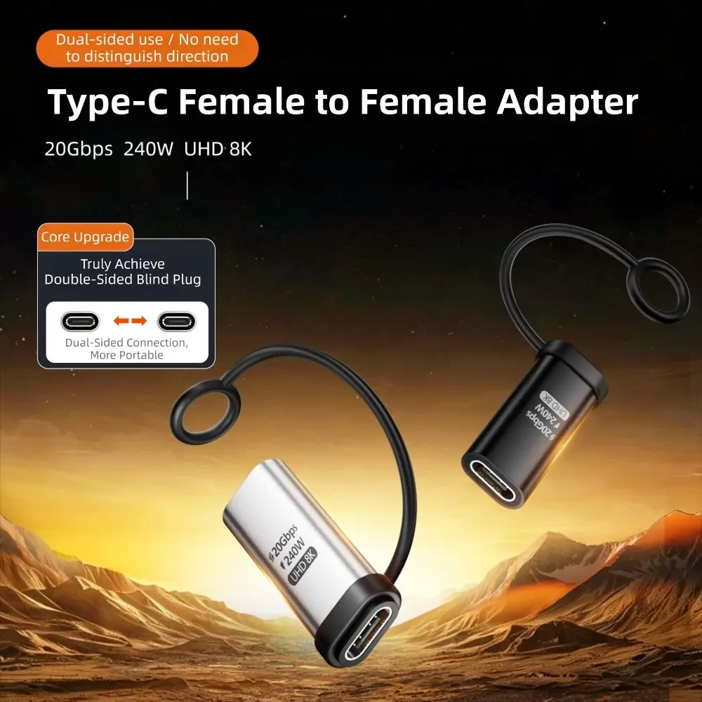 240W USB C Adapter 20Gbps Aluminum Alloy Type C Adapter Double Sided Silicone Loop Type-C Female to Female Adapter Earphone Use