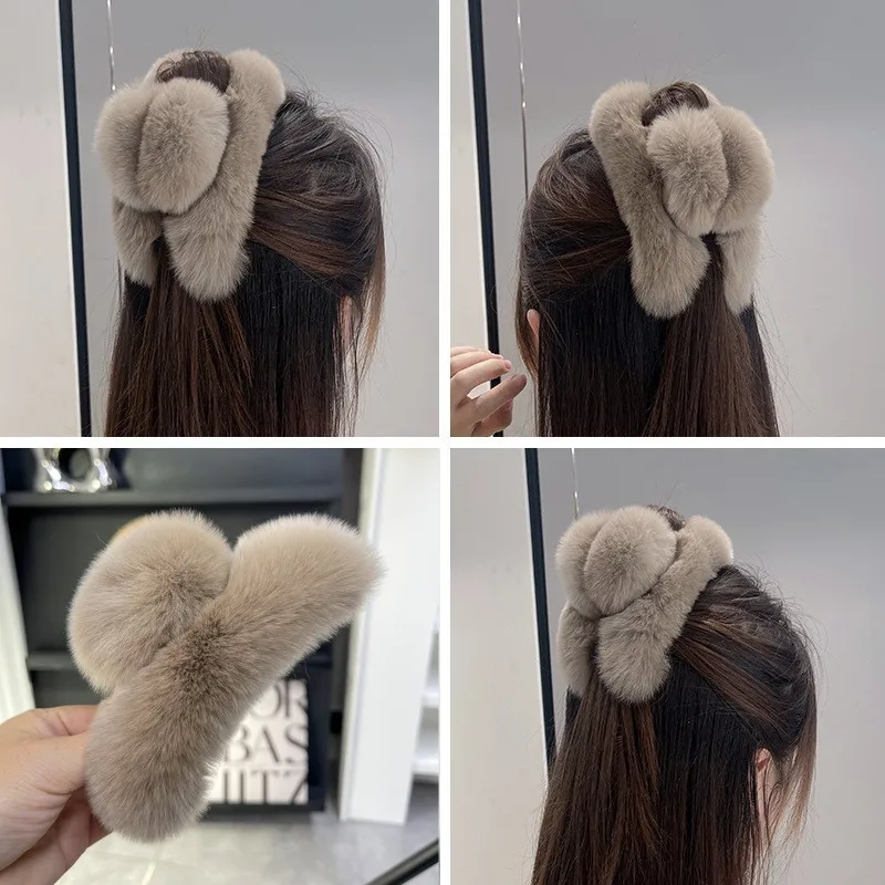 New Hairpin Cute Plush Rex Rabbit Fur Hair Claw Women Elegant Temperament Real Rex Rabbit Fur Hairgrips Fashion Hair Accessories