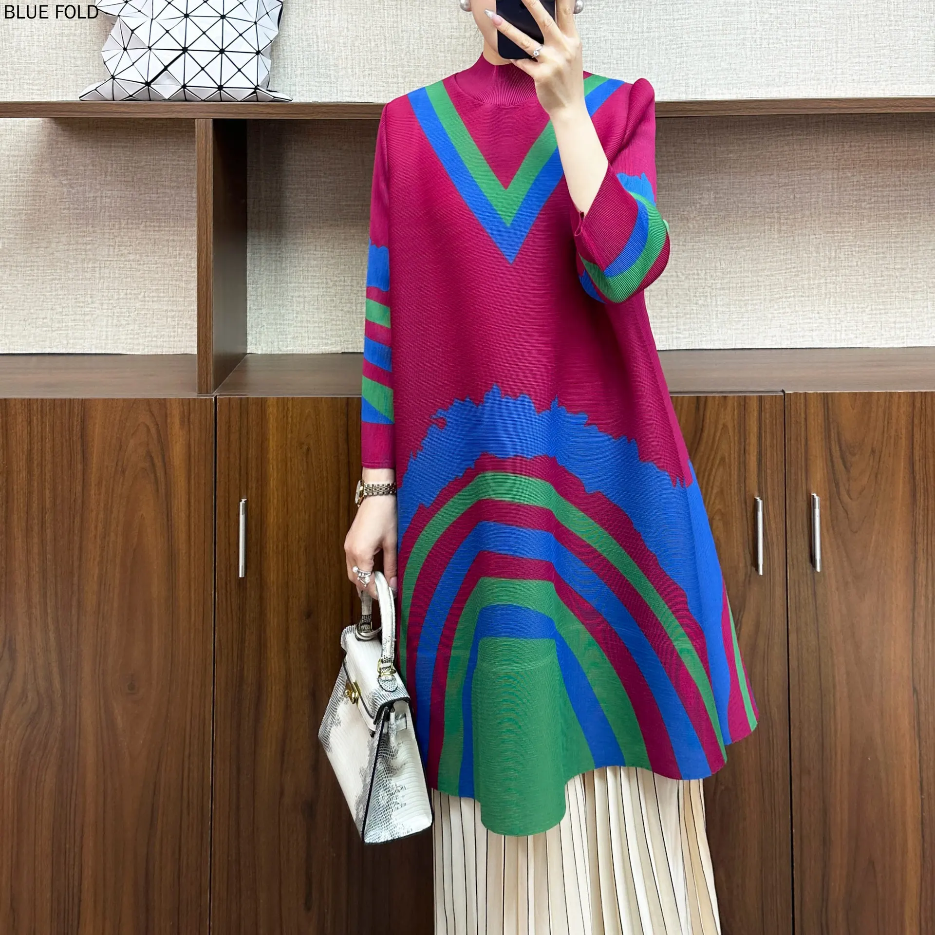 MIYAKE New Pleated Large Size Loose Fashionable Women's High Collar Mid-length Dress Rainbow Dresses PLEATS Elegant Vestido Robe