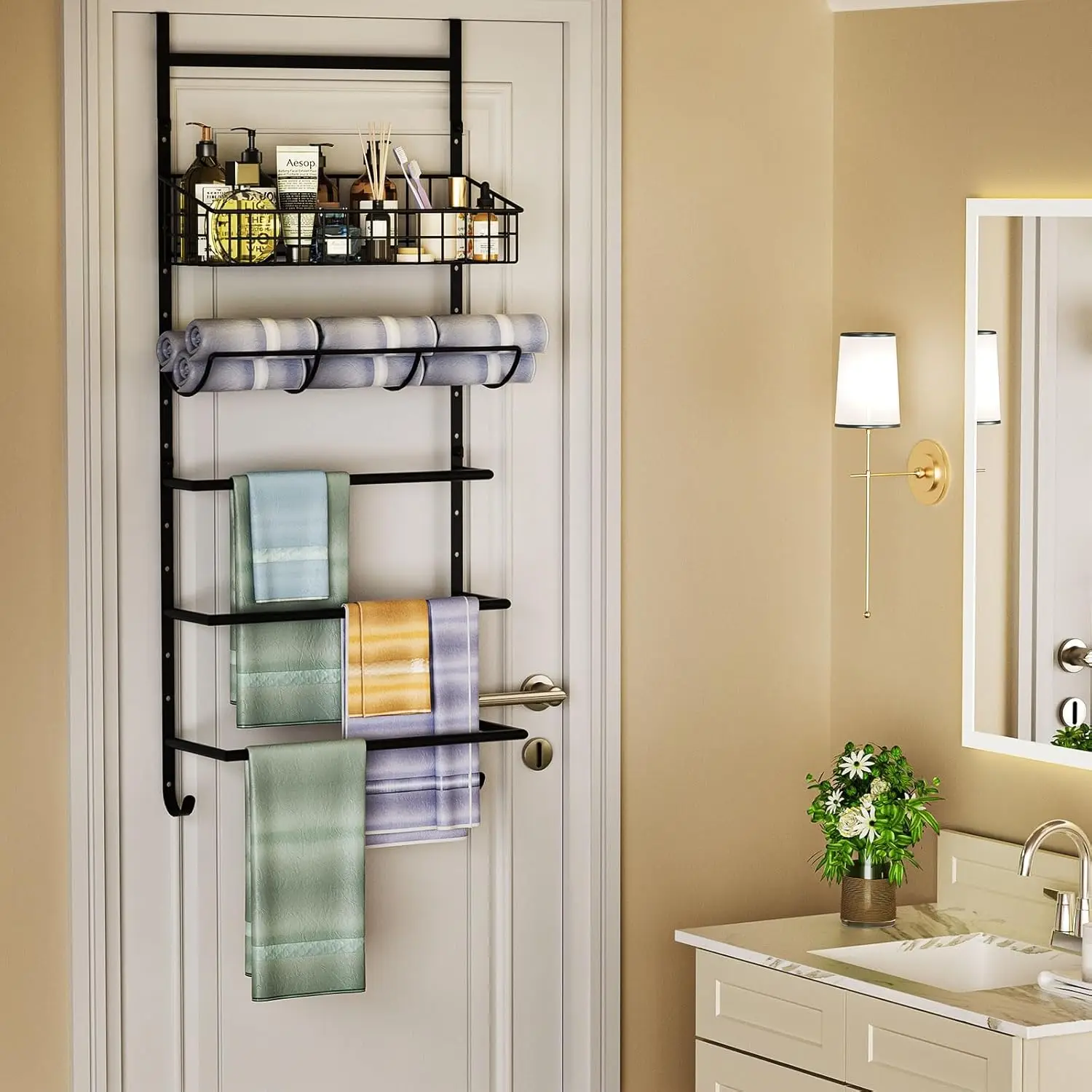 

Adjustable Towel Racks for Bathroom Door Hanging, 5 Tiers Over The Door Towel Rack with Hooks, Bathroom Towel Holder Wal