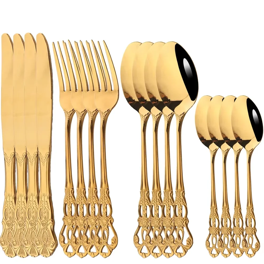 16-teiliges Luxus-Goldbesteck-Set Retro Edelstahl-Besteck Messer Gabel Dessertlöffel Besteckset