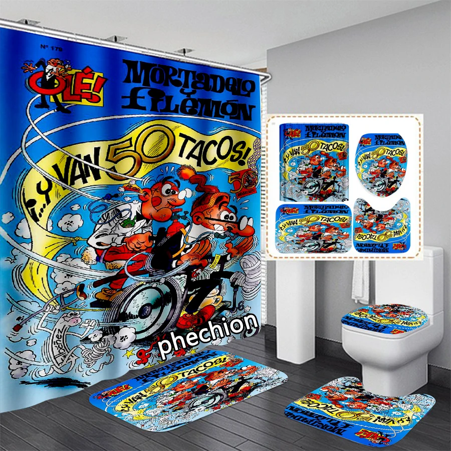 phechion New Mortadelo y Filemon 3D Print Shower Curtain Waterproof Bathroom Curtain Anti-slip Bath Mat Set Toilet Rugs VR309