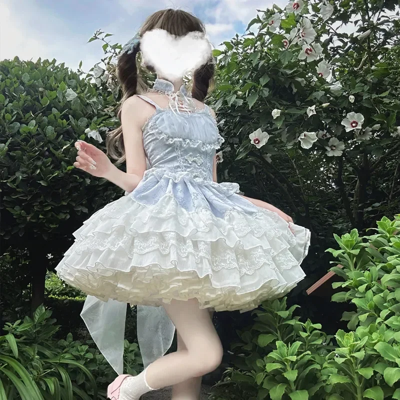 MAGOGO Japanese Sweet Lolita JSK Princess Dress Women Lace Ruffles Party Dresses Girls Harajuku Cute Bandage Y2k Mini Dress