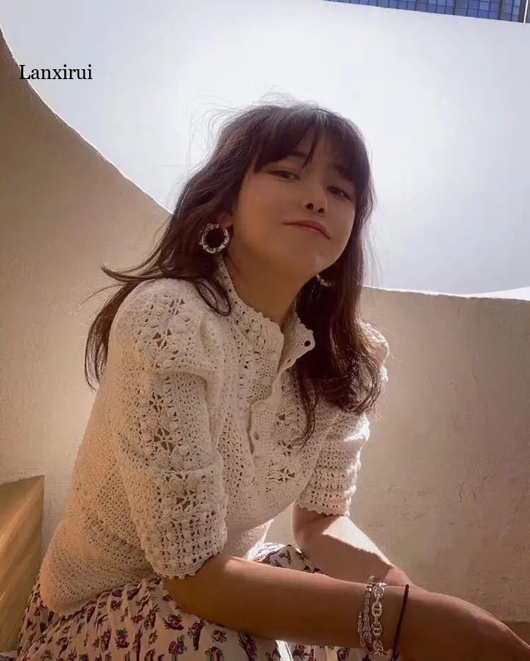 

Spring and Summer Handmade Crochet Hollow Vintage Princess Sleeve Thin Top Knitted Sweater Jumper Soft Warm Pull