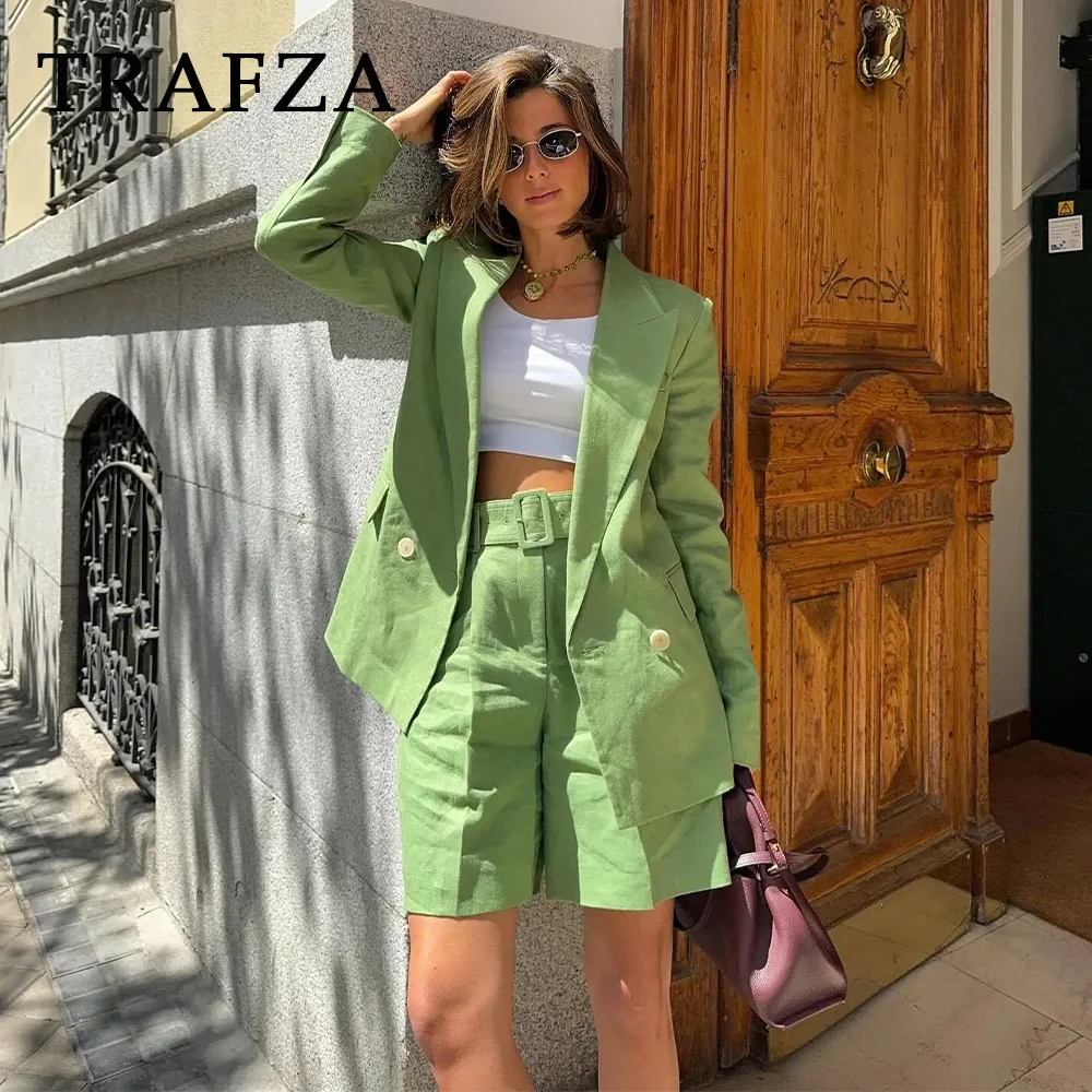 TRAFZA 2024 wiosna lato Office Lady jednolite garnitury moda Streetwear kieszenie wzruszając ramionami dwurzędowe marynarki + szorty z szarfami na