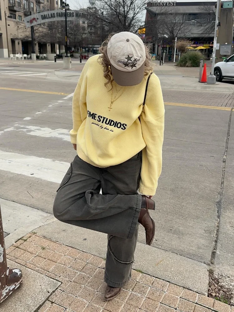 

Yellow Knitted Letter Sweater Women Elegant Round Neck Long Sleeve Short Pullover Casual Lady New Street Autumn Holiday Sweaters