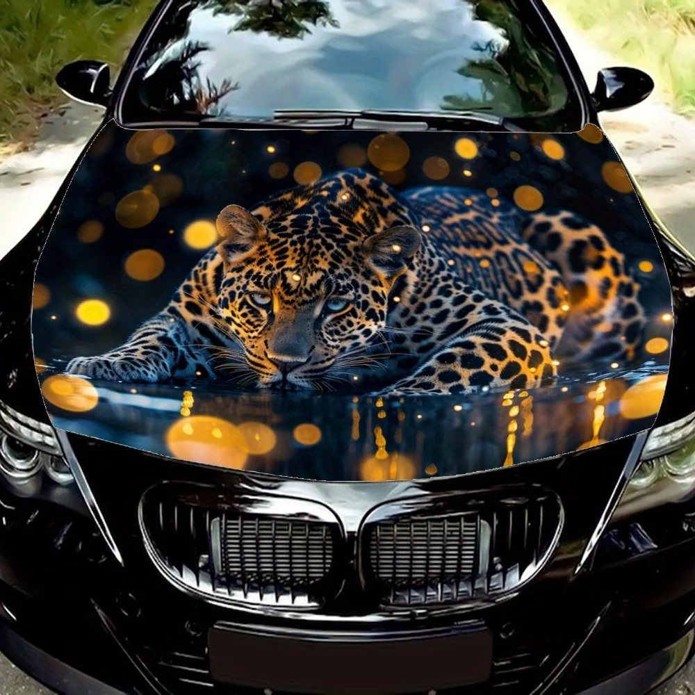 

Lake Night Leopard: неторопливая поза в твищах светлых пятен; автомобильные виниловые накидки, виниловая графика на капоте автомобиля и кровь.