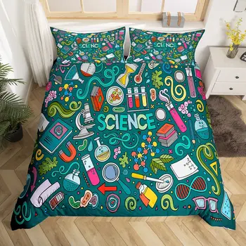 Laboratory Bedding Set Chemistry Lab Duvet Cover Set for Kids Teenager Test Tube Microscope Graffiti Comforter Cover Science Theme