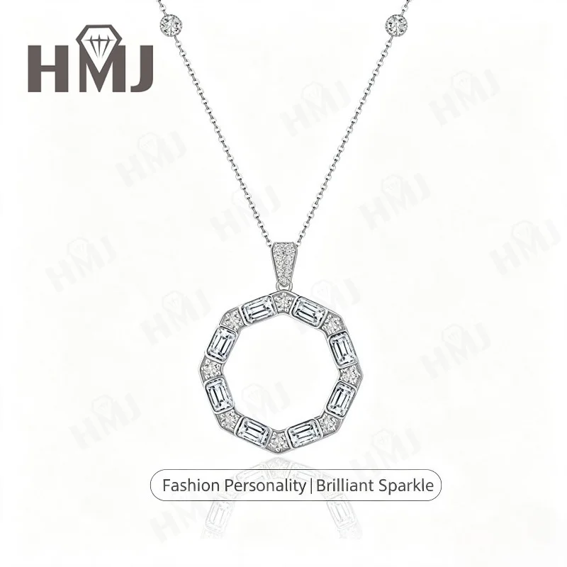 925 Sterling Silber Halskette mit Baguette-Schliff Moissanit Oktagonaler Kreisanhänger Hohlkreiskette Schmuckgeschenk für Frauen Charms – Detail 4