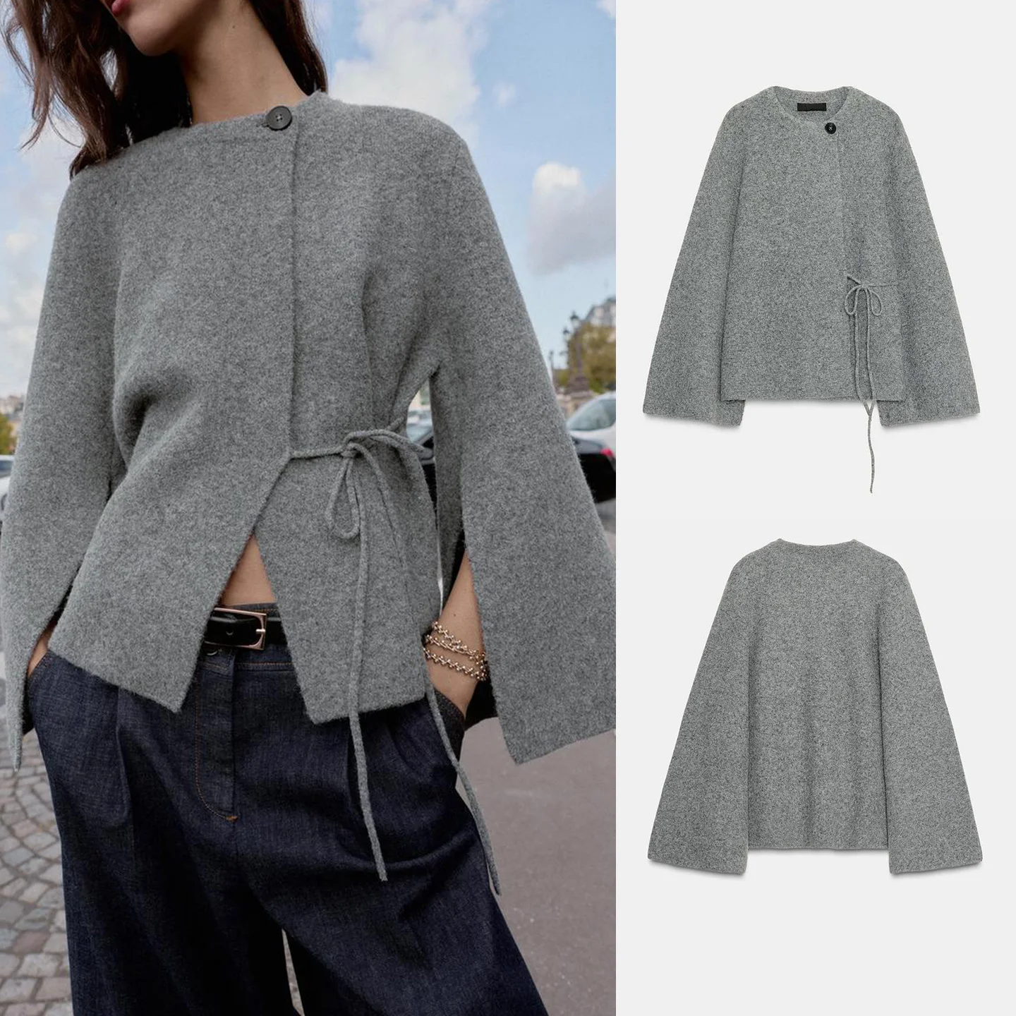 

Новое женское вязаное пальто-кардиган с двойным воротником и круглым вырезом, с разрезами на рукавах, из полиэстера, осень-зима