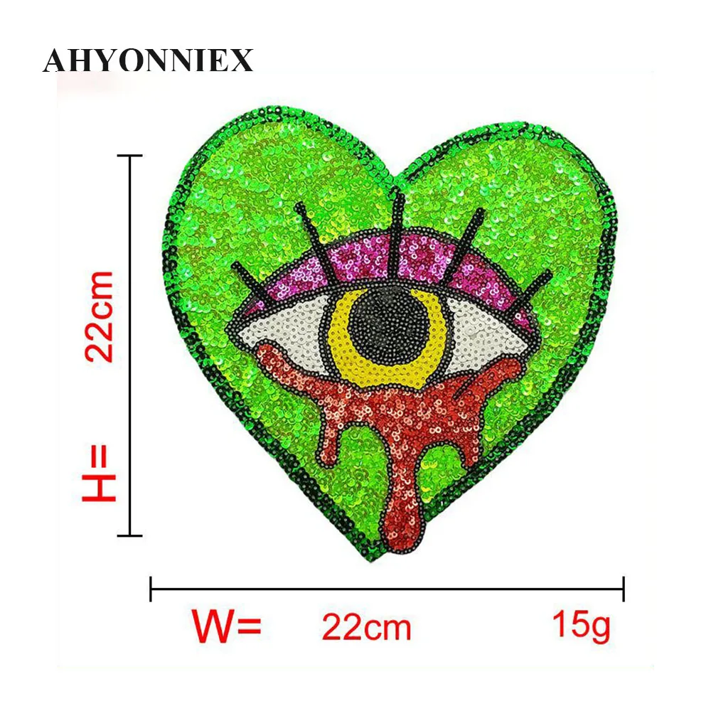 22CM Fashion Heart Shape Sequins Eye Clothing DIY Patches for Clothes Iron On Patch Badge Applique Embroidered Patches