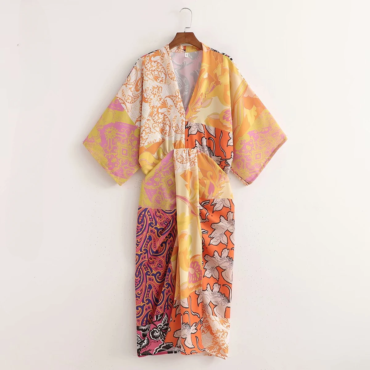 

Foreign trade export to France single 21 autumn clothes new V-neck loose kimono-style printed long dress fashionable lazy style