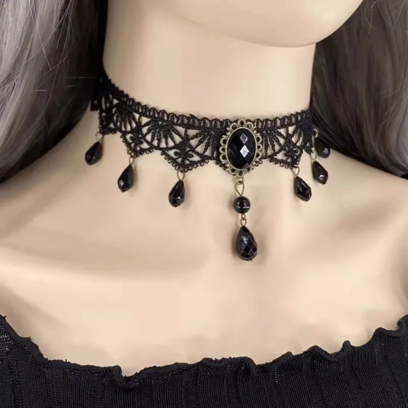 1PC Halloween Black Lace Necklace Vintage Court Gothic Personalized Black Gemstone Suitable for Party and Festival Gifts-802144