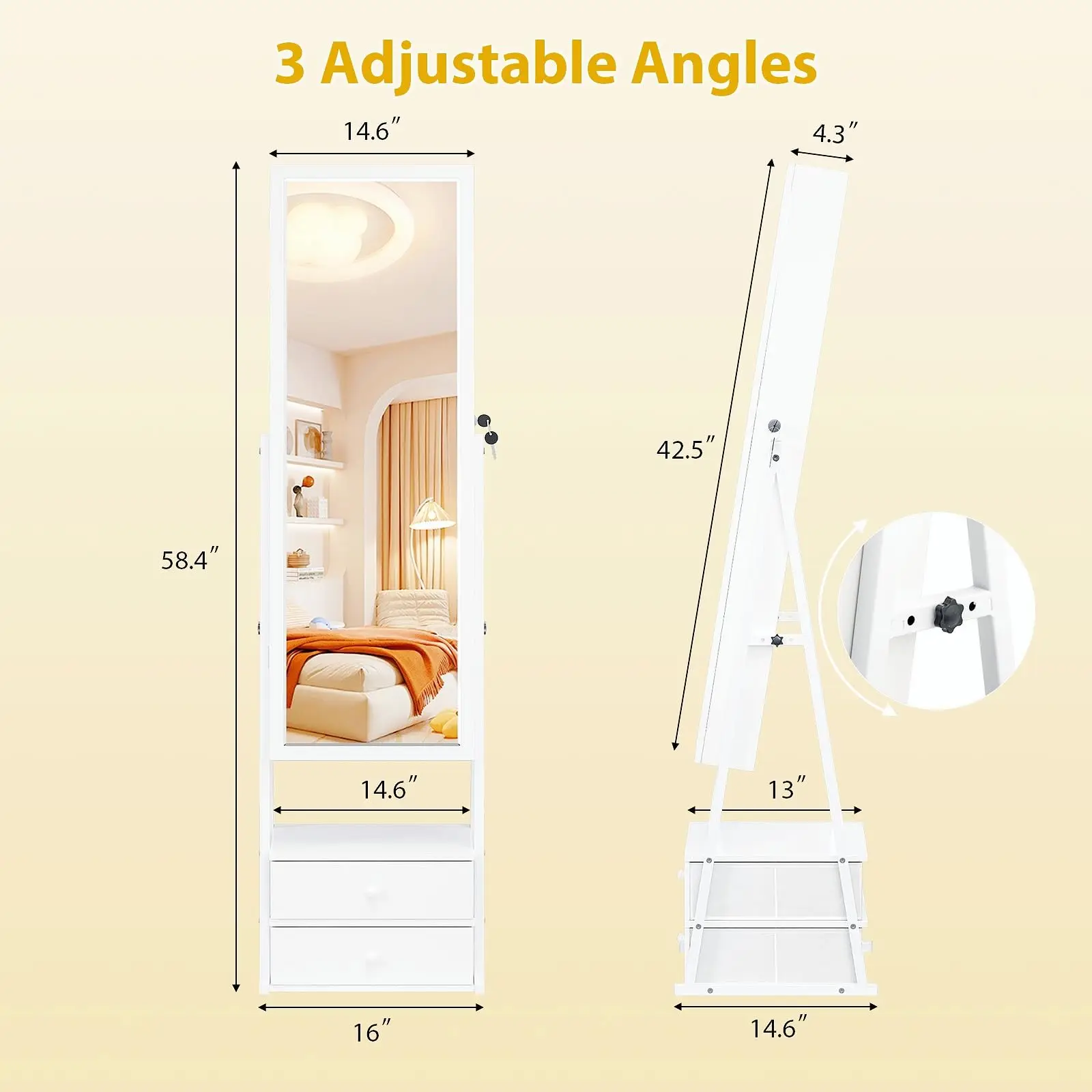 LED Jewelry Armoire with Full-Length Mirror, Lockable Standing Jewelry Cabinet with 2 Drawers, Large Jewelry Organizer