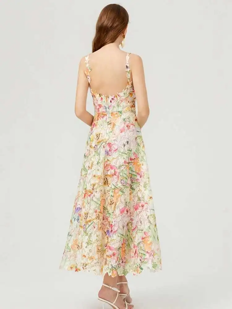 Summer Holiday Colorful Flower Embroidery Bohemian Prom Long Dresses Women Straps Evening Robe Backless Princess Fairy Vestidos