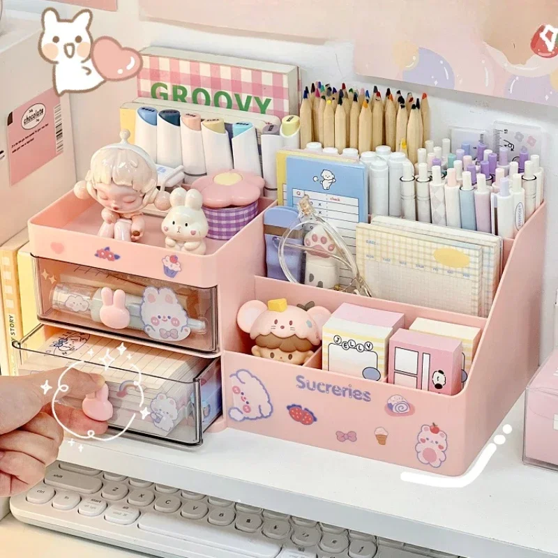 Boîte de rangement cosmétique de bureau, bureau de stockage T1, porte-stylo de bureau, lapin mignon Kawaii