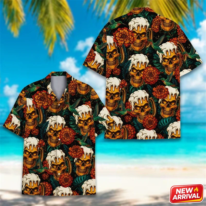 Newest Beer Skull Pattern Shirt For Men 3D Print Flower Graphic Button Lapel Short Sleeve Tee Casual Summer Loose Beach Shirt