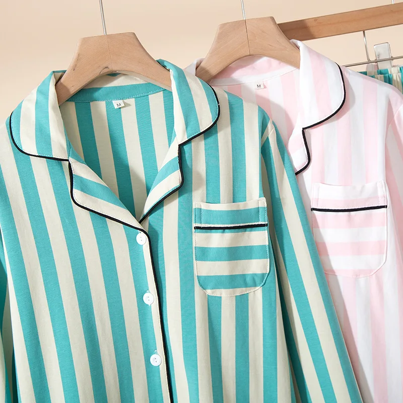 New Women's Vertical Striped Lapel Long Sleeve Cotton Pajamas Sets 2PCS Breathable Sweat Absorbing Warm Soft Home Wear Sleepwear