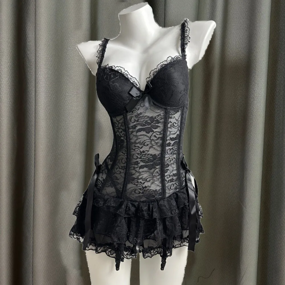 

Nightgown Lace Camisole Briefs Set Mesh Slim Fit Lingerie Uniform Dress Nightdress Sleeveless Lace Corset Skirt Home