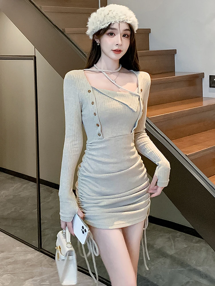 2023 Womens New Vintage Hotsweet Long Seleeve Dress Sexy Bandage Slim  Buttock Mini Dress Club Party Dresses Spring Summer