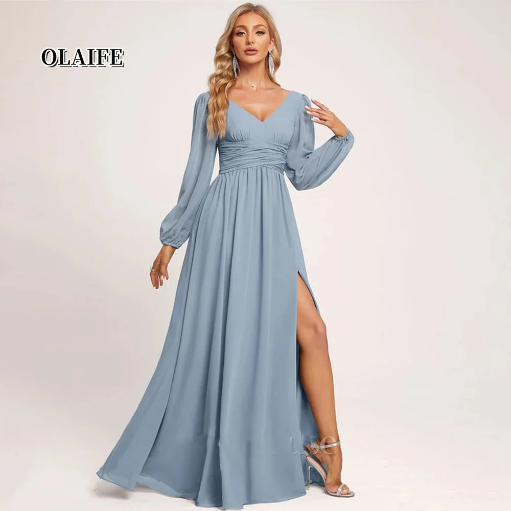 

New A-line Evening Dresses V Neck Leg Slit Party Dresses Chiffon Bridesmaid Dresses With Ruffle Vestidos De Fiesta فساتين السهرة