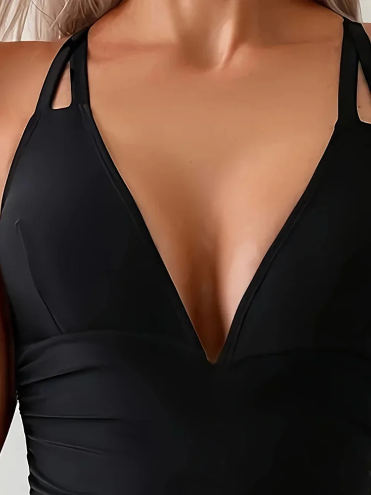 Sexy Solid Deep V Backless Bikini Women Swimsuit High Waist Beach Vacation Bikini 2025 New Summer Swimwear One Piece Swimsuit