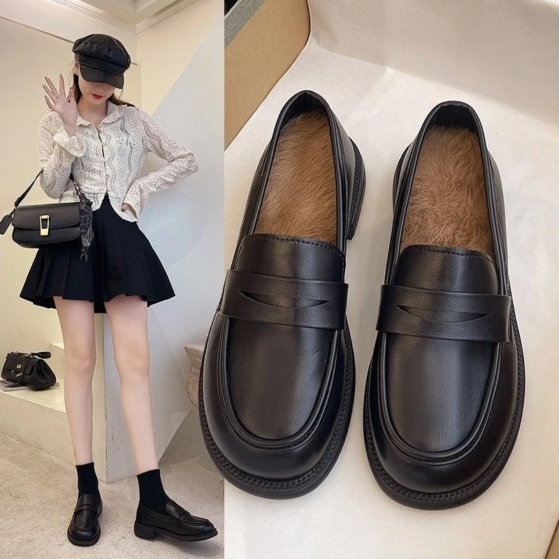 

Autumn Winter Women's Warm Fleece Lined Genuine Leather Loafers Thick Flat Sole Soft Bottom Slip On Shoes Korean Style Versatile