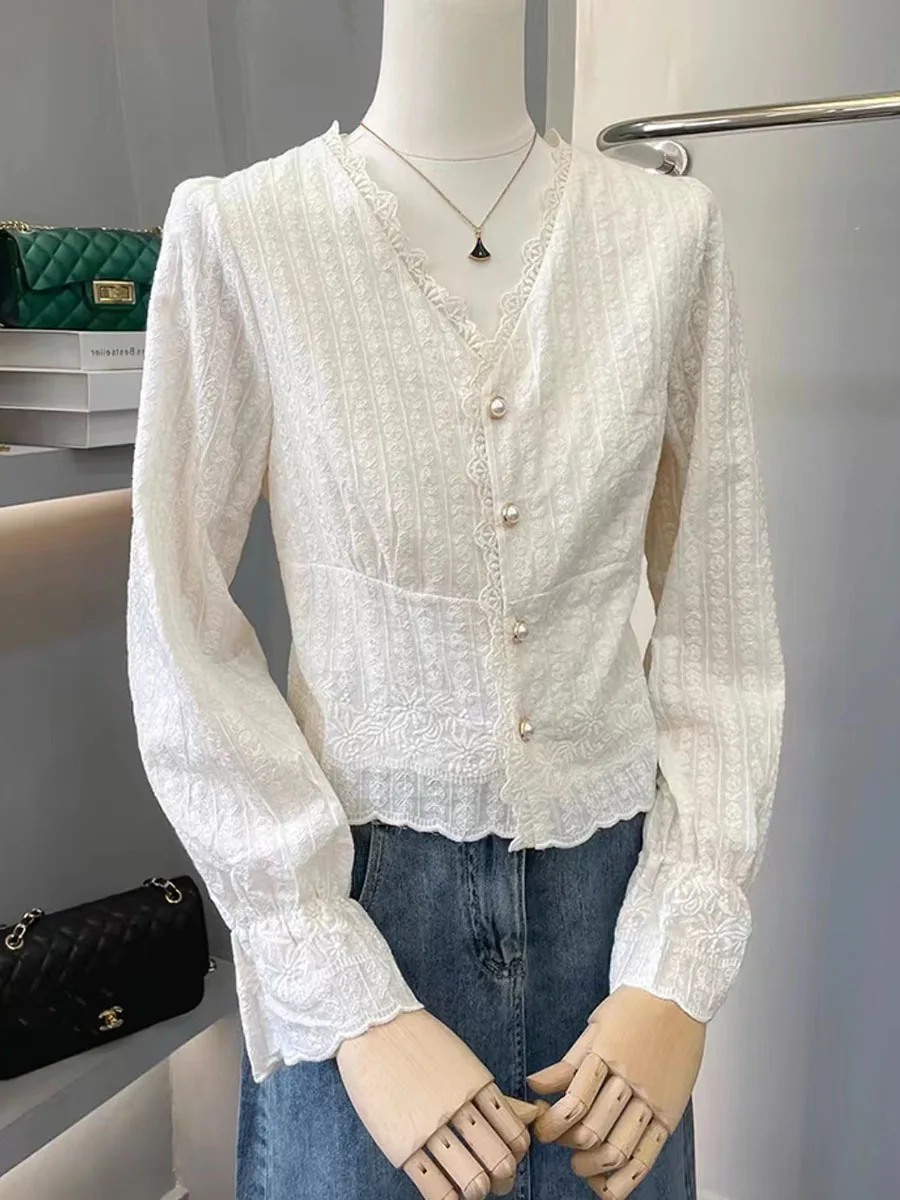 Ladies Lace Shirt French Retro Long-sleeved Blouse 2024 Spring New V-neck White Office Lady Tos Korean Fashion Female Clothes