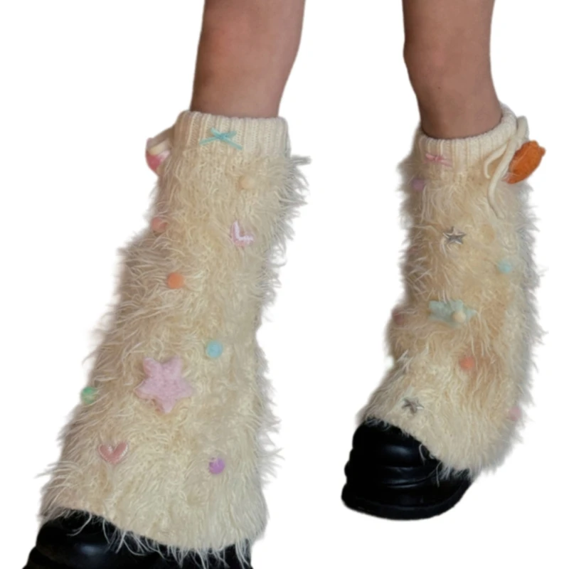 Women Japanese Furry Boot Cover Anime Colorful Star Bows Plush Leg Warmer Socks Dropship