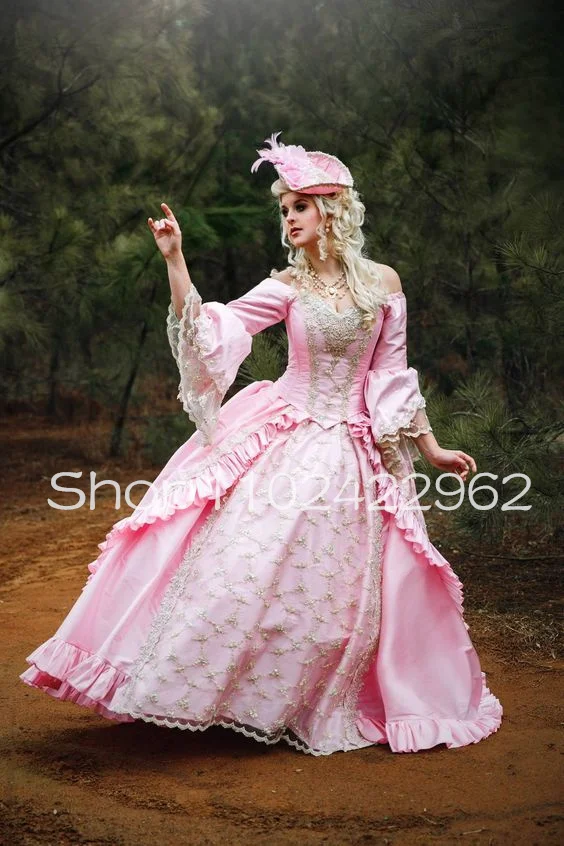 CustomizedVictorian Marie antoinette Prom Dresses Fairy Long Sleeve Lace Stain Ruffles Skirt Bustle Corset Princess Evening Gown