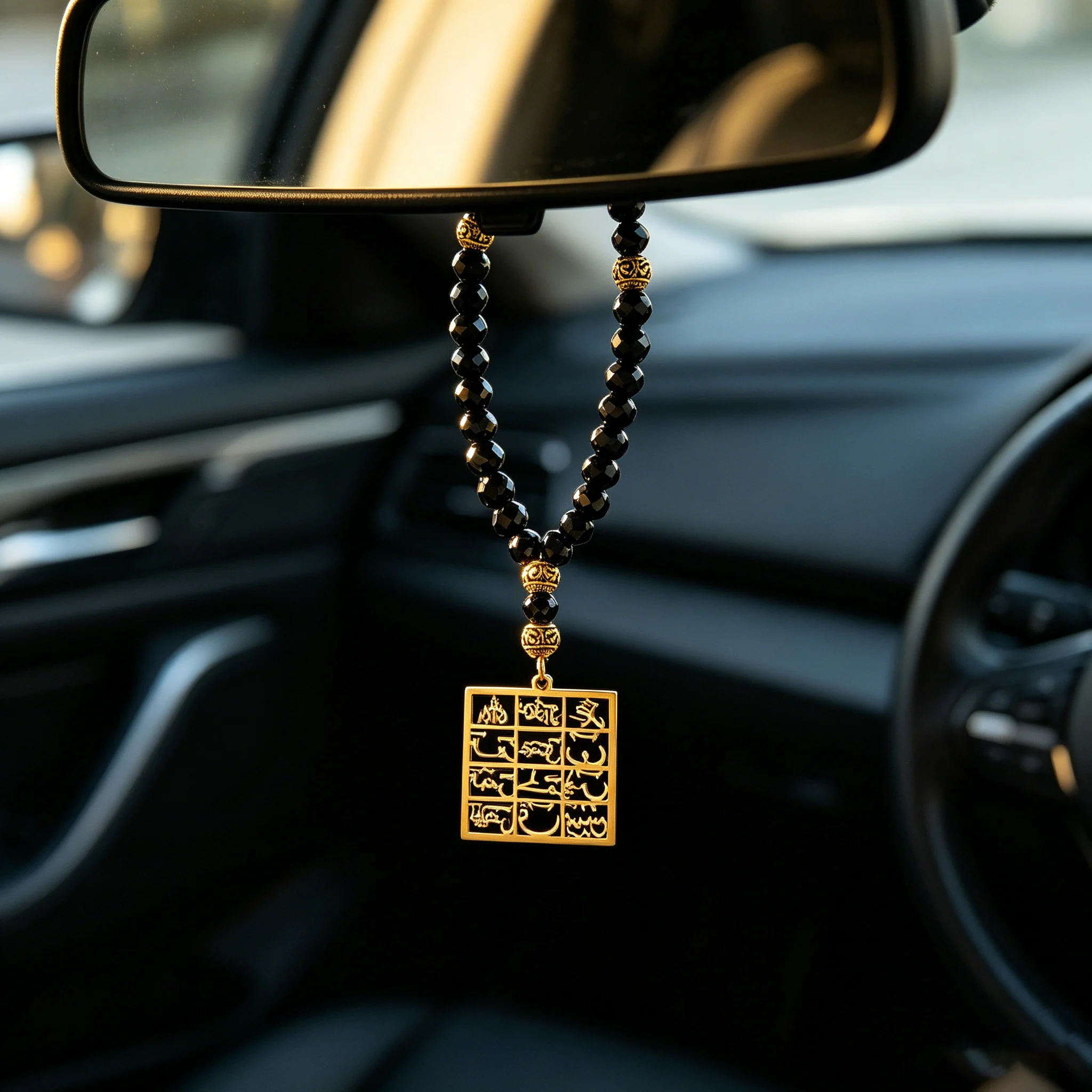 Square-Shaped Arabic Scripture Stainless Steel Car Hanging Ornament Black Gold Tasbih Muslim Religious Prayer Rearview Mirror Pendant