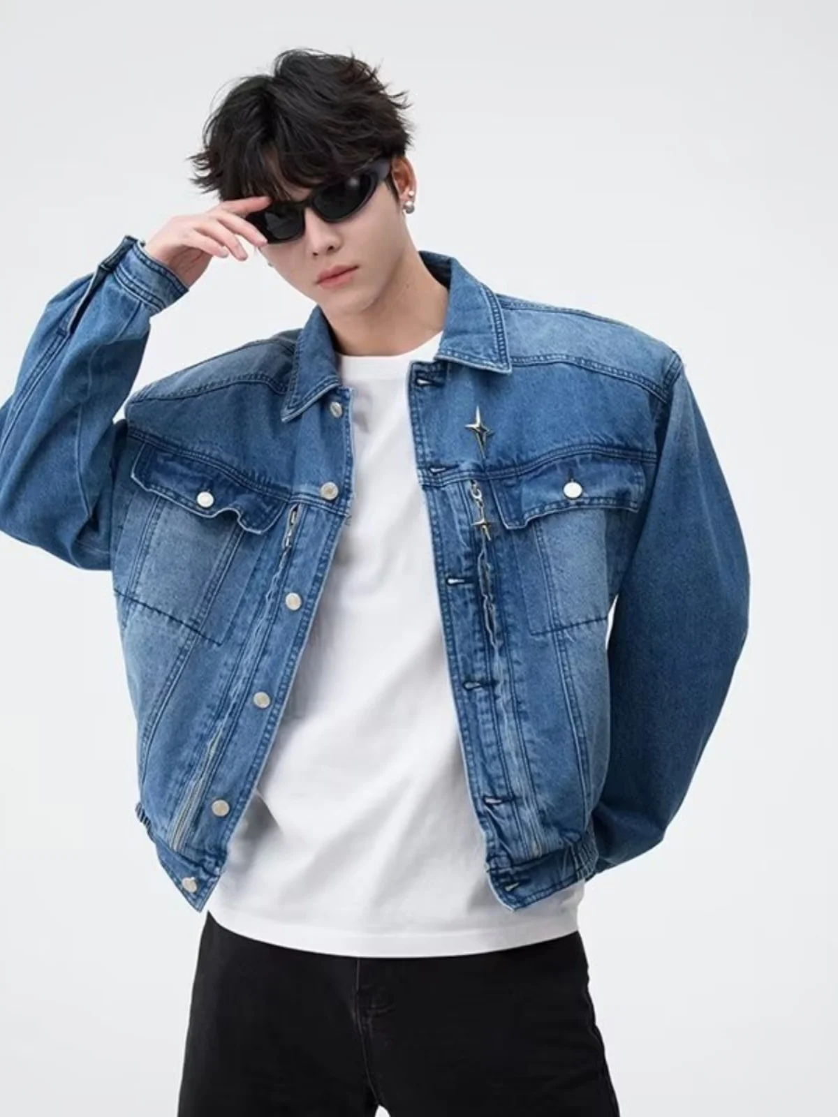 

Retro Waed Metal oulder Padded Loose Fit ort Denim Jaet for Men Spring Autumn Vintage American Sle Outerwear