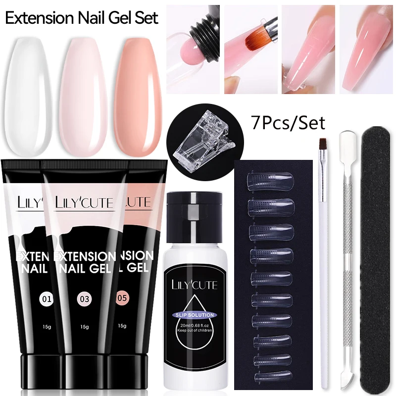 LILYCUTE 7Pcs/Set 15ml Clear Quick Extension Nail Gel with Slip Solution Nail Pusher Nail Clip Brush File Extension Gel Tools