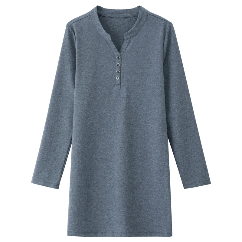New Spring T Shirt Women Long Sleeve Fashion Pullovers V-Neck Button T-shirt Long Tunic Shirt Autumn Basic Tops Tees Short Dress