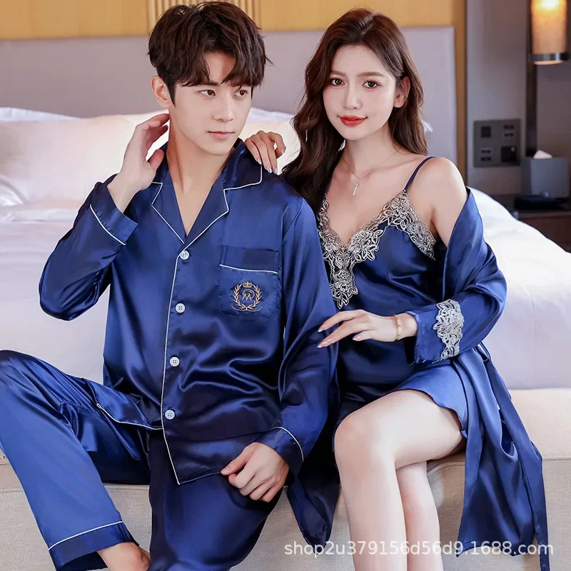 Spring Autumn Couples Pajamas Set Cute Rayon For Women Robe Sets Men Satin Sleepwear Pyjamas Suit Home Clothing Sleep