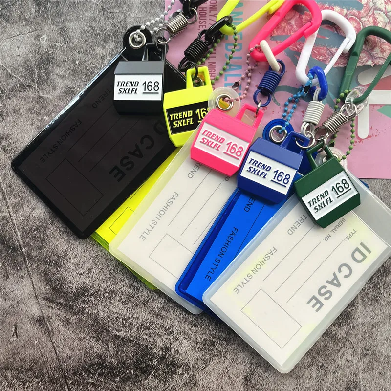 Credential Holder Plastic Carabiner Keycord Metal Pendant Fluorescent Color Key Chain with Card Holder Lanyard Accessories