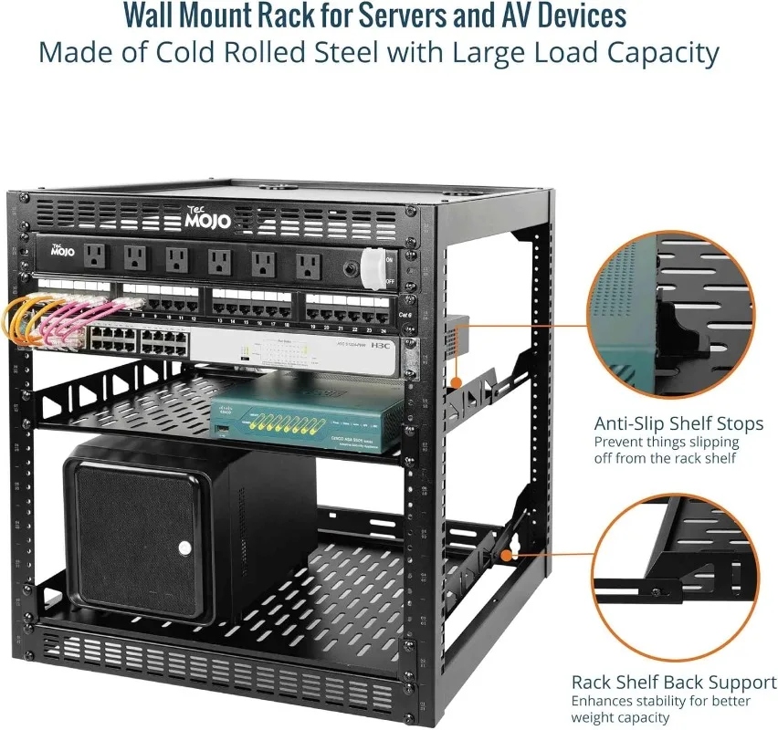 12U Open Frame Network Rack for IT & AV Gear, AV Rack Floor Standing or Wall Mounted,with 2 PCS 1U Rack Shelves & Mounting