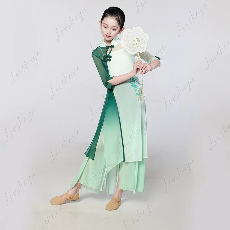 بدلة تدريب تنورة الرقص الكلاسيكية للأطفال، ملابس رقص نسائية أنيقة على الطراز الصيني، شاش حديث، تغيير تدريجي