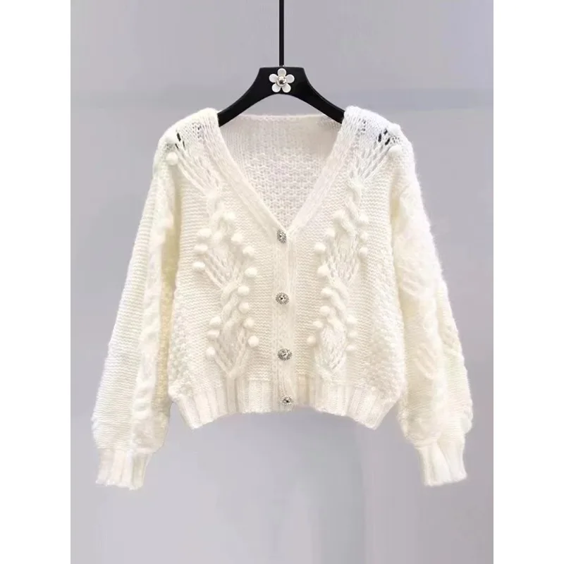 Cardigan lavorato a maglia con applicazioni a maniche lunghe da donna Hollow Pink Sweet Spring Autumn Scollo a V Top da donna Cappotto Maglione femminile francese