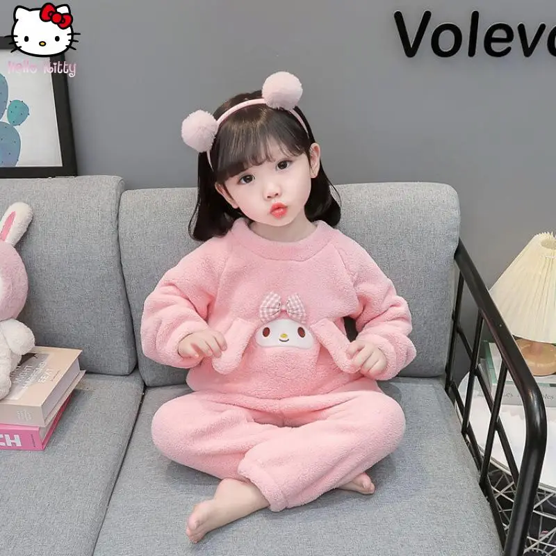 أنيمي الفتيات Kuromi الدافئة بيجامة مجموعة Kawaii الخريف الشتاء جديد الكرتون سانريو الأطفال طويلة الأكمام بنطلون سميكة ملابس المنزل