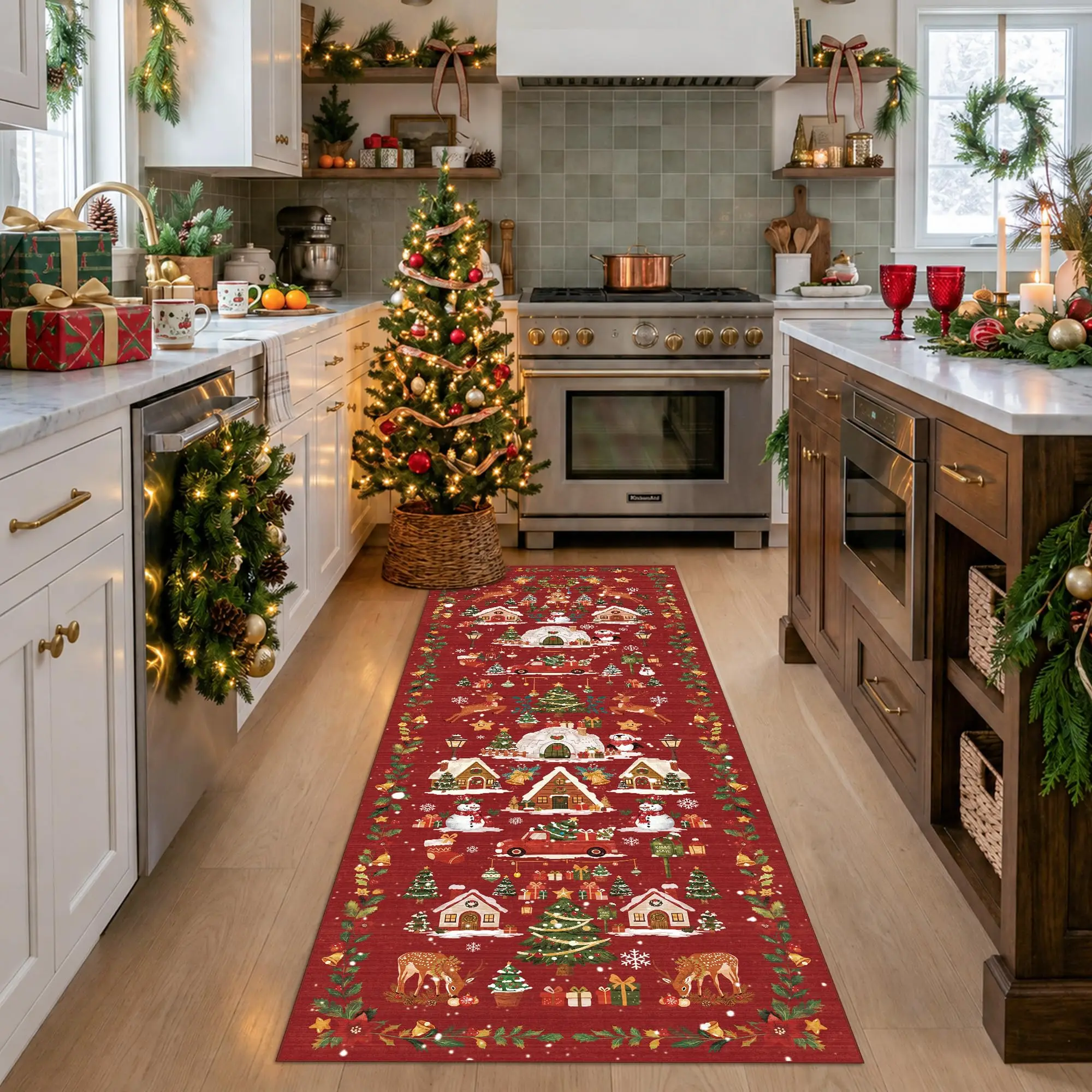 VIKAMA Christmas Runner Area Rug Xmas Village Deer Snowman Tree Print Non‑Slip Long Floor Mat for Hallway Holiday Home Decor