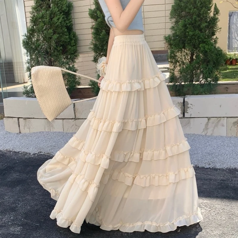 

Длинные юбки макси Qiukichonson для женщин, шифоновые юбки в корейском стиле Лолита, весенне-летние, с эластичной талией, асимметричные, с рюшами и оборками